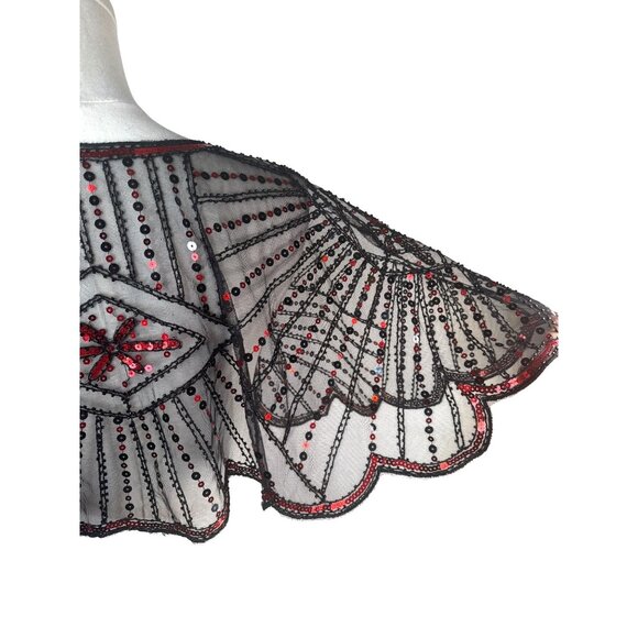 Vintage OS Style Red & Black Evening Sequin Cape Round Neckline Shrug - Picture 13 of 15